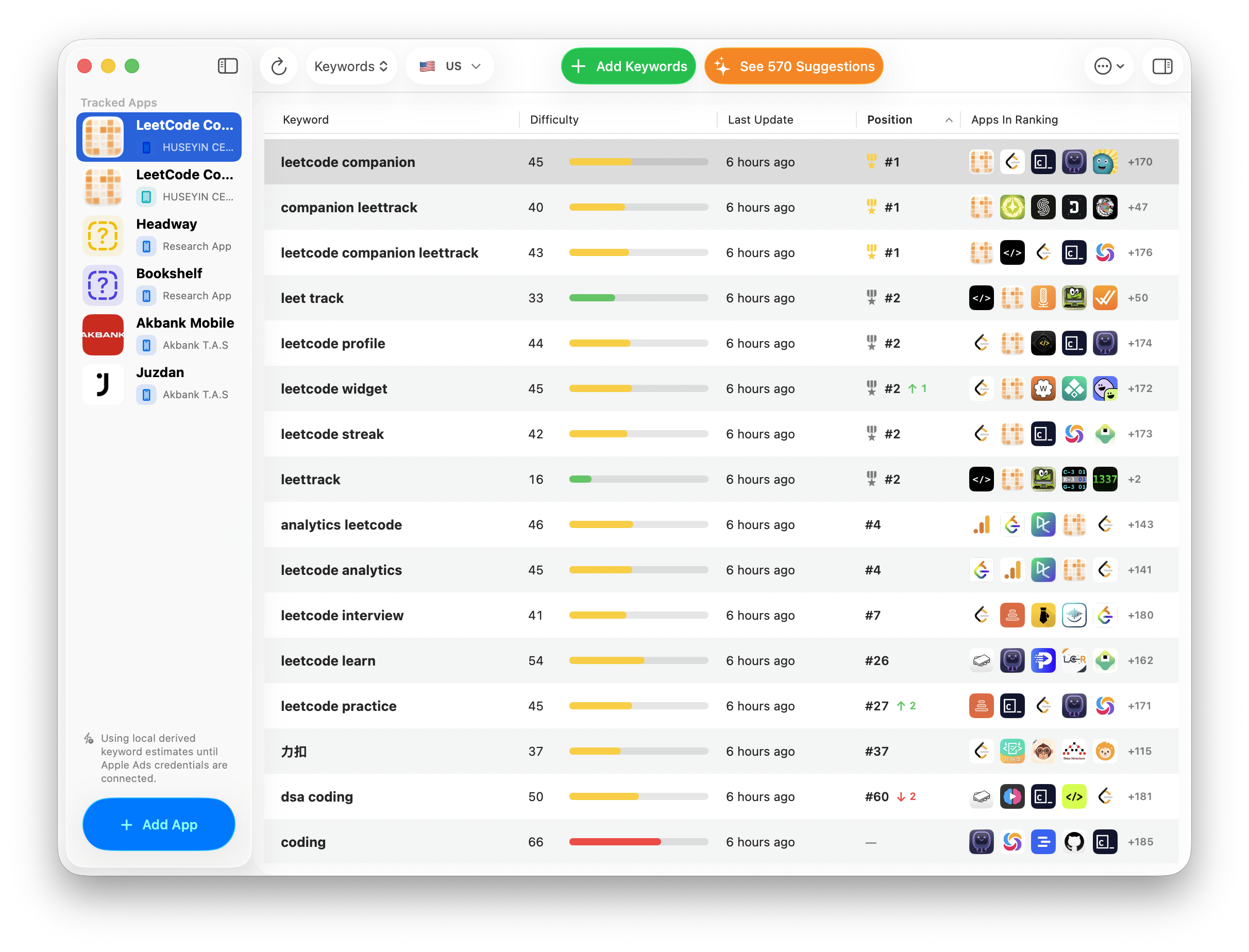 ASOResearch keyword rankings and competing apps