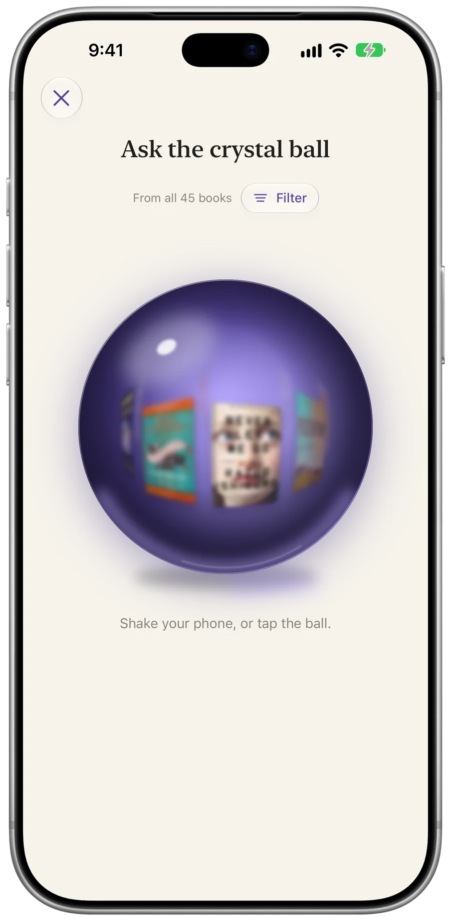 Bookshelf crystal ball with Want to Read books and a Filter control
