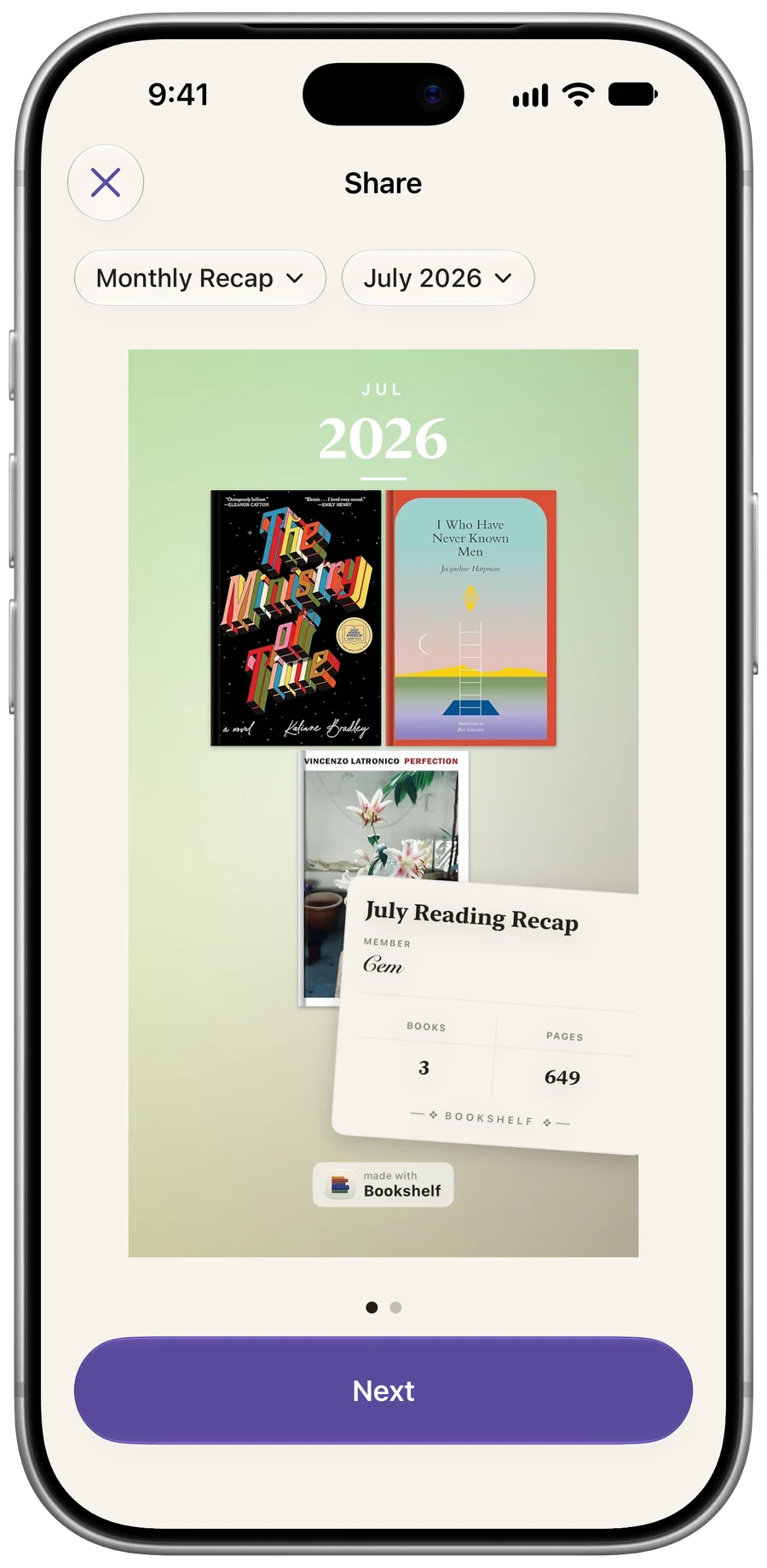 Bookshelf share composer with a personalized July reading recap