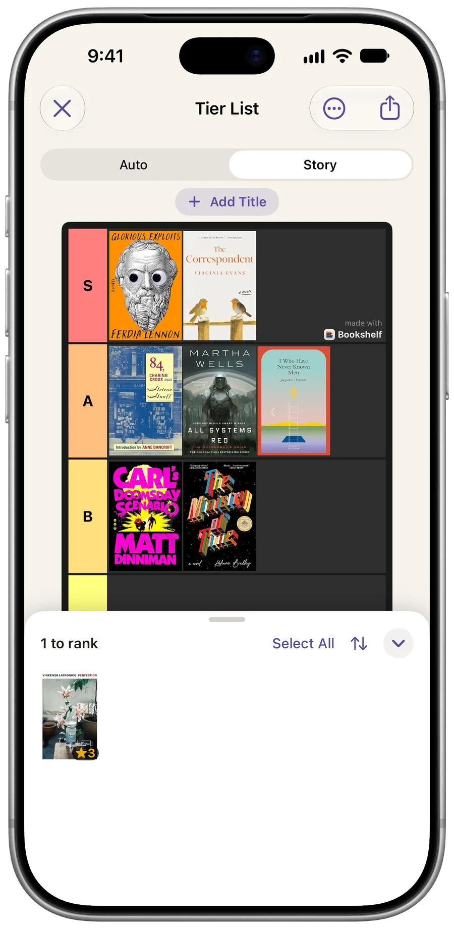 Bookshelf tier list editor with book covers arranged into colored S, A, and B ranks