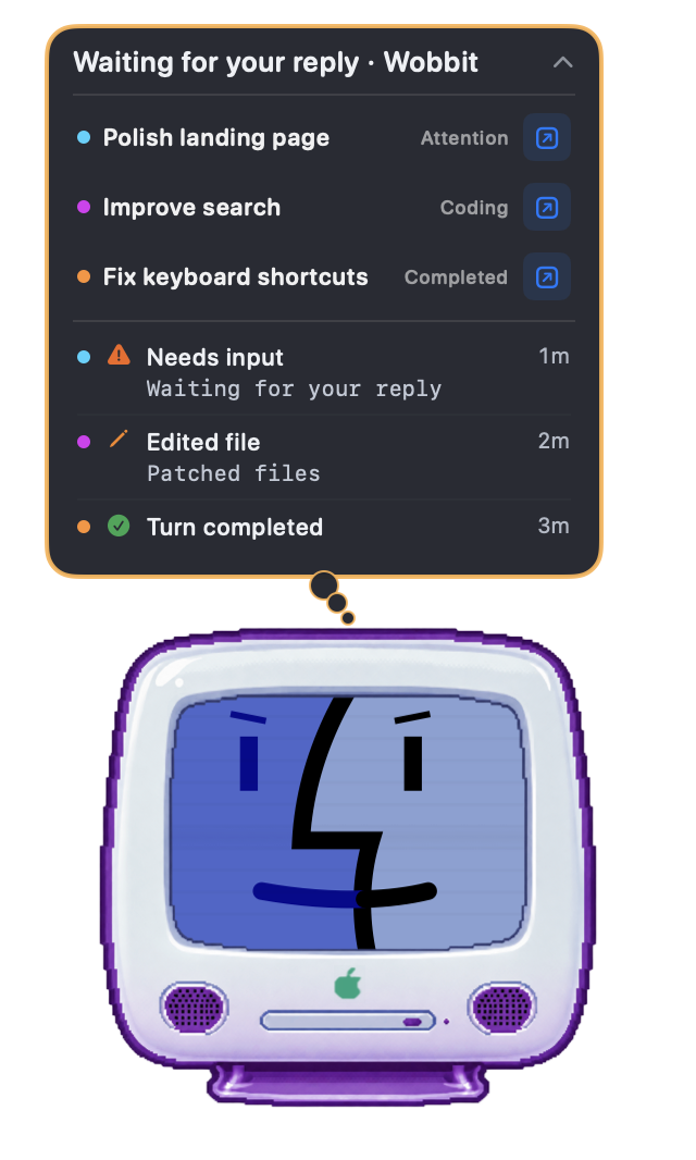 A Grape iMac Wobbit with three named sessions: Polish landing page needs input, Improve search is coding, and Fix keyboard shortcuts is completed; matching colored dots connect each session to its recent activity