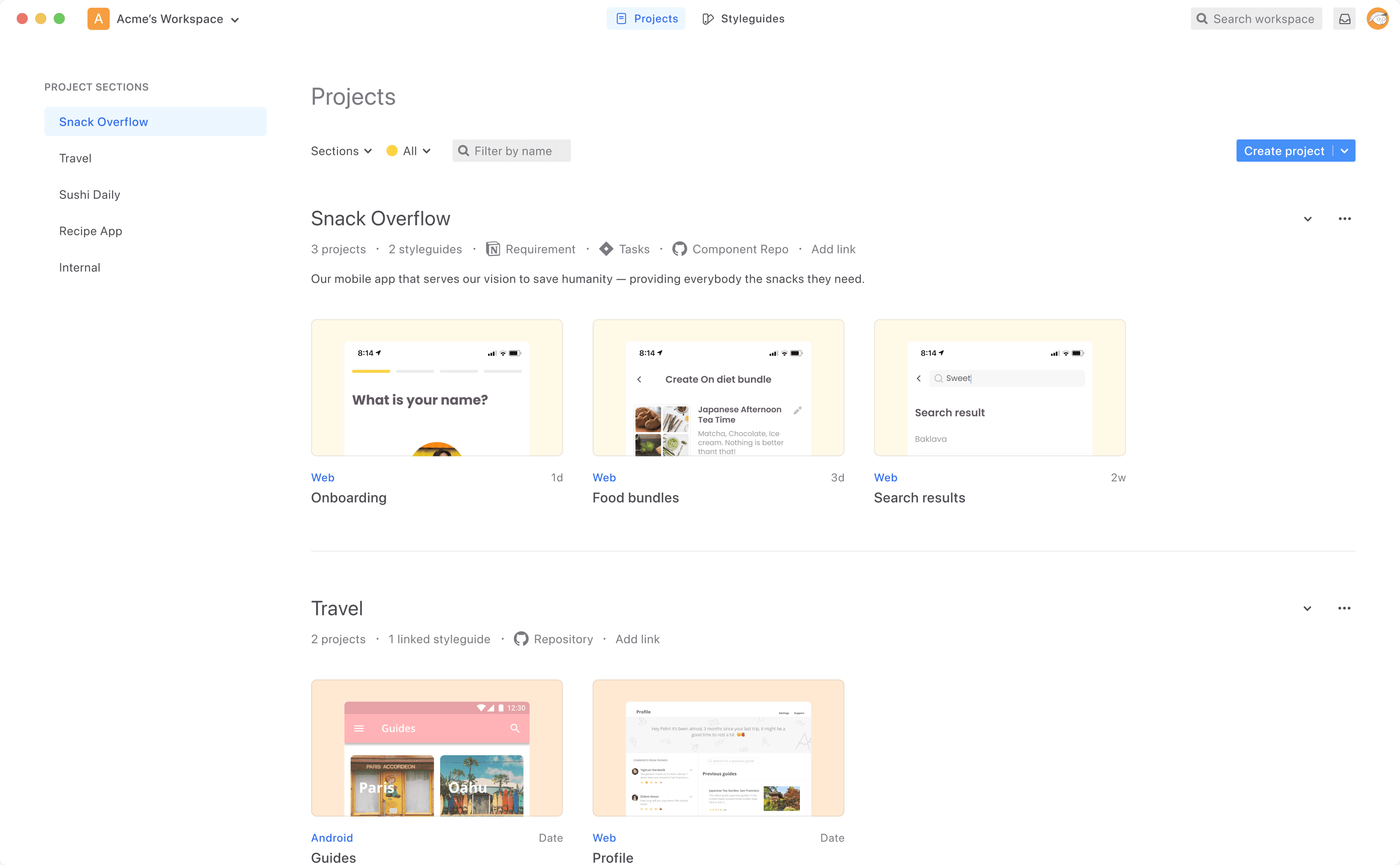 Zeplin workspace project overview
